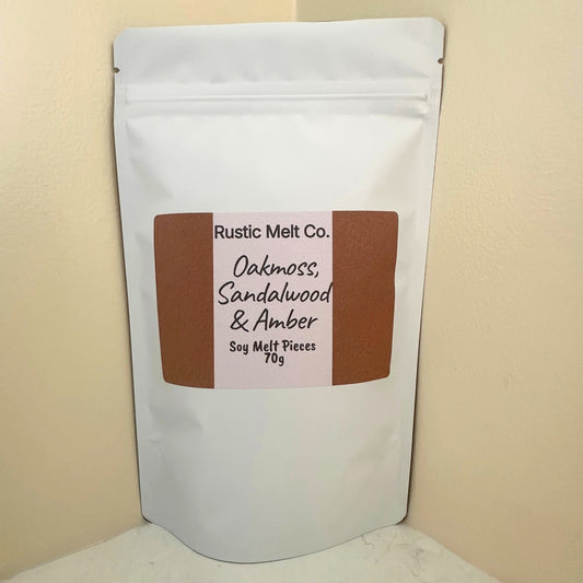 Oakmoss, Sandalwood & Amber handmade soy wax melts 70g resealable pouch